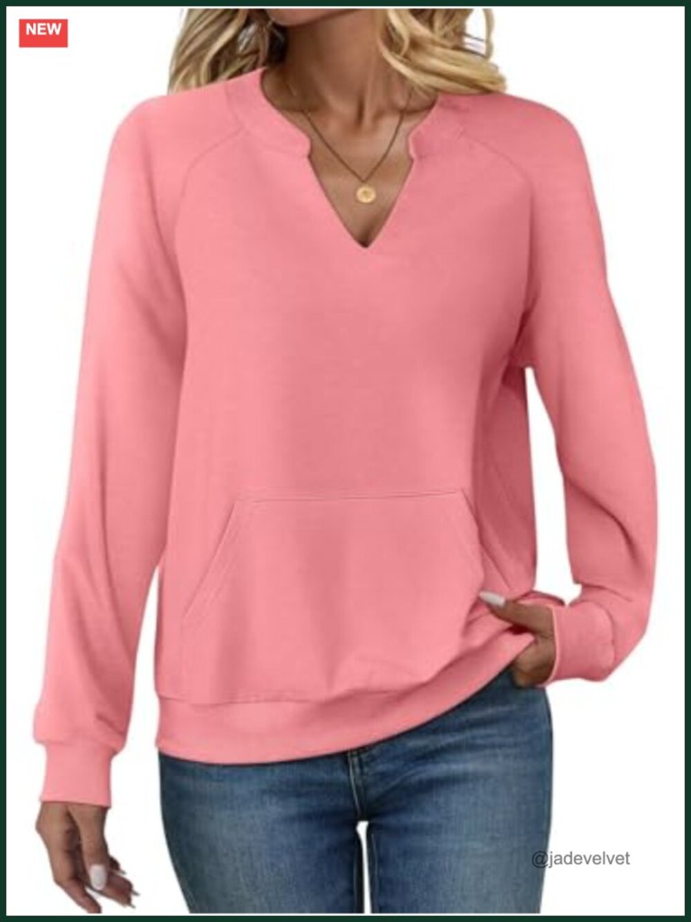 Womens V Neck Sweatshirt Pullover Fleece Long Sleeve Kangaroo Pocket Casual